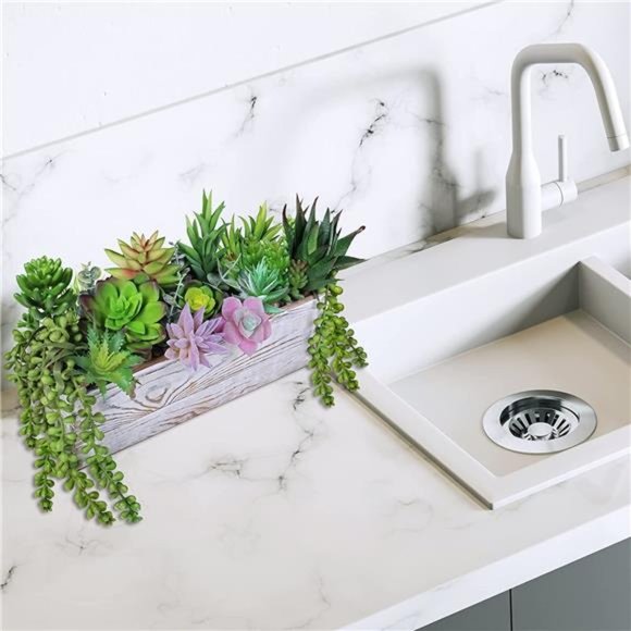 19 Pcs Assorted Artificial Succulents Fake Plants in Rectangular Wooden Pot - Picture 6 of 8